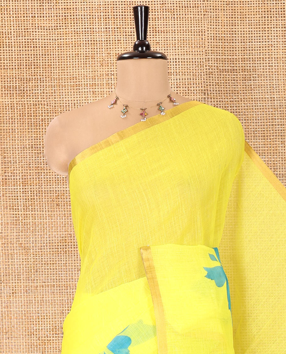 Yellow Linen Cotton Saree, Beautified with Butterfly Buttas All Over Its Body, Subtle Piping Border, Pallu of Butterfly Print, and Paired with a Contrast Fairy Motifs Printed Blouse