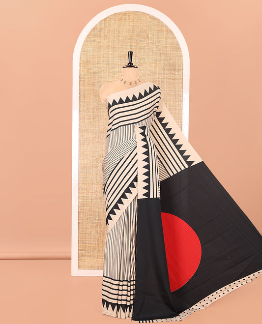 Chikku Satin Crepe Saree, Subtly Sparkled with Vertical Stripes On Its Body, Highlighted by Temple Border, Pallu Features Big Polka Dot Motifs, and Paired with a Printed Blouse