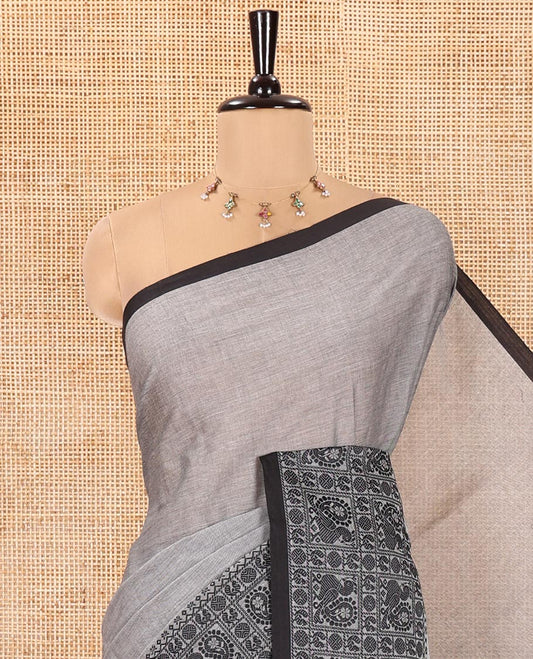 Black Plain Chettinad Cotton Saree, Highlighted by Traditional Design Thread-Woven Border of Peacock Designs, Subtly Striped Pallu, and Comes Without a Blouse