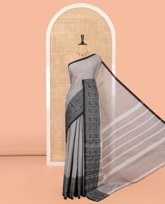 Black Plain Chettinad Cotton Saree, Highlighted by Traditional Design Thread-Woven Border of Peacock Designs, Subtly Striped Pallu, and Comes Without a Blouse