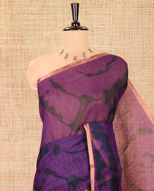 Purple Linen Cotton Saree, Elevated with Shibori Printed on Its Body, Subtle Piping Border, Pallu of Floral Vine Print, and Paired with a Contrast Floral Vine Printed Blouse