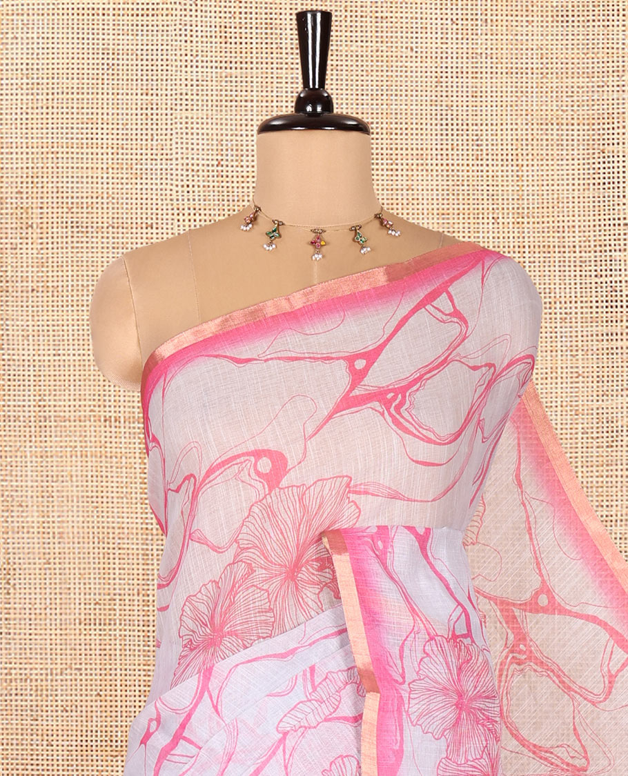 Grey Linen Cotton Saree, Decked Up with Abstract Floral Print On Its Body, Subtle Piping Border, Pallu of Floral and Geometric Print, and Paired with a Contrast Blouse
