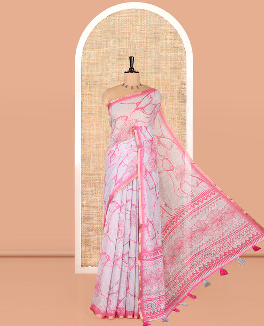 Grey Linen Cotton Saree, Decked Up with Abstract Floral Print On Its Body, Subtle Piping Border, Pallu of Floral and Geometric Print, and Paired with a Contrast Blouse