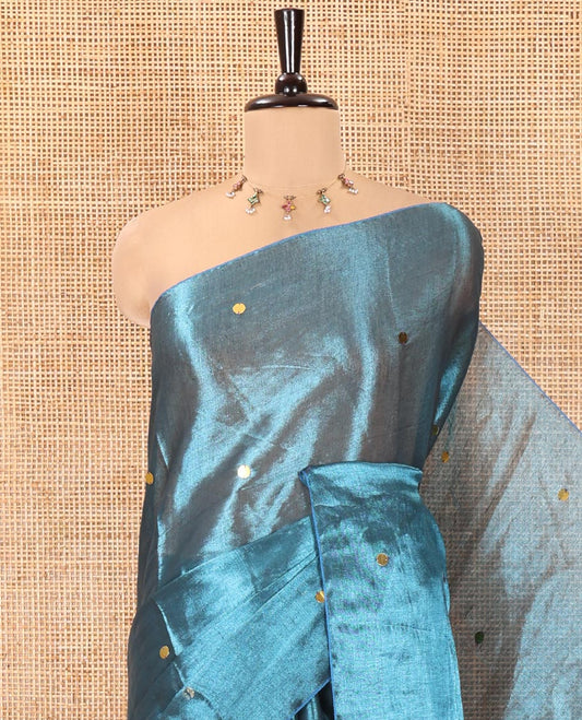 Borderless Blue Khadi Tissue Silk Saree, Adorned with Sequins On Its Body, a Self-Pallu and Paired with a Matching Blouse