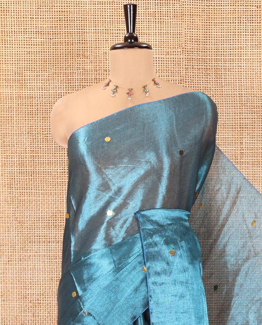 Borderless Blue Khadi Tissue Silk Saree, Adorned with Sequins On Its Body, a Self-Pallu and Paired with a Matching Blouse