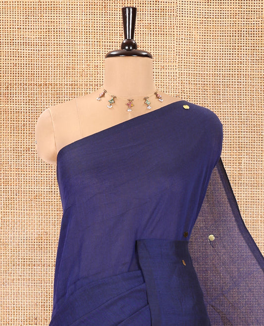 Borderless Navy Blue Mul Cotton Saree, Subtly Sparkled With Big Sequins Work On Its Body, a Self-Pallu and Paired with a Matching Blouse
