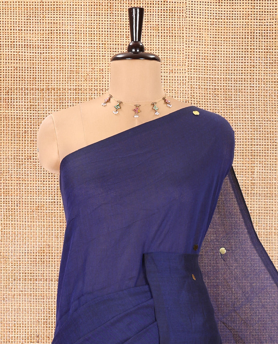 Borderless Navy Blue Mul Cotton Saree, Subtly Sparkled With Big Sequins Work On Its Body, a Self-Pallu and Paired with a Matching Blouse