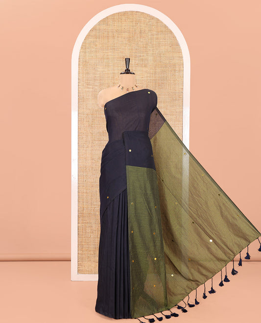 Borderless Black Khadi Mul Cotton Saree, Adorned with Sequins Work All Over Its Body, Complemented by Contrast Pallu of Sequins Work and Paired with a Contrast Blouse