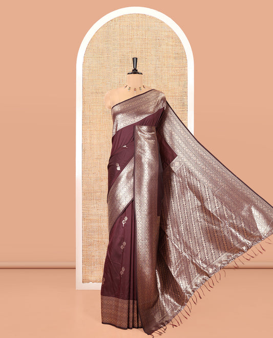 Brown Kanchi Soft Silk Saree, Delicately Woven with Zari Buttas All Over Its Body, Highlighted by Traditional Zari Design Border, Diagonally Striped Pallu, and Paired with a Matching Blouse