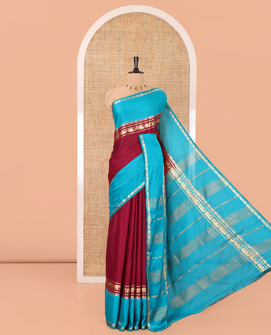 Purple Plain Art Mysore Silk Saree, Complemented by Captivating Contrast Rettai Pettu Traditional Border of Elephant Zari Buttas, Striped Pallu, and Paired with a Contrast Blouse