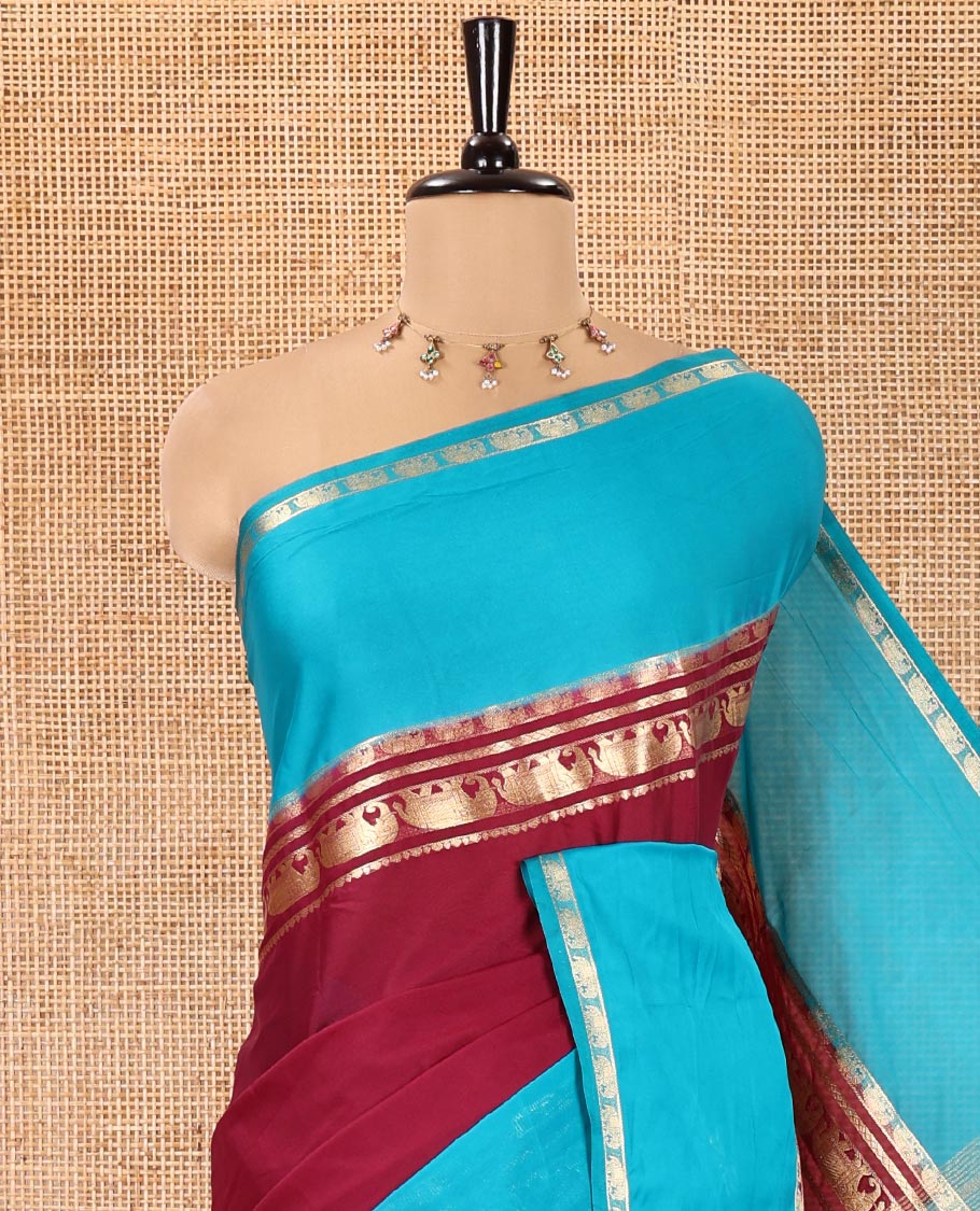Purple Plain Art Mysore Silk Saree, Complemented by Captivating Contrast Rettai Pettu Traditional Border of Elephant Zari Buttas, Striped Pallu, and Paired with a Contrast Blouse