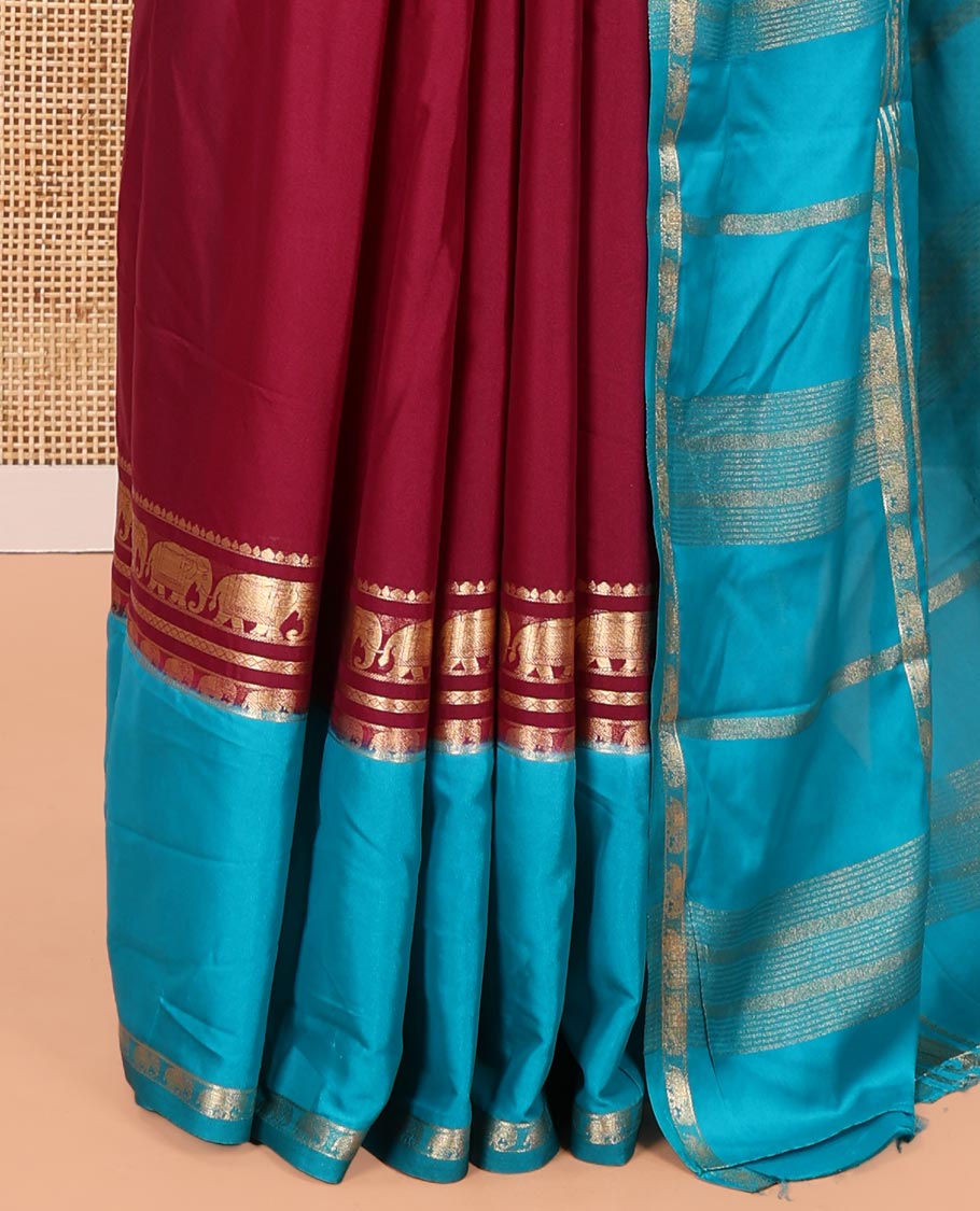 Purple Plain Art Mysore Silk Saree, Complemented by Captivating Contrast Rettai Pettu Traditional Border of Elephant Zari Buttas, Striped Pallu, and Paired with a Contrast Blouse