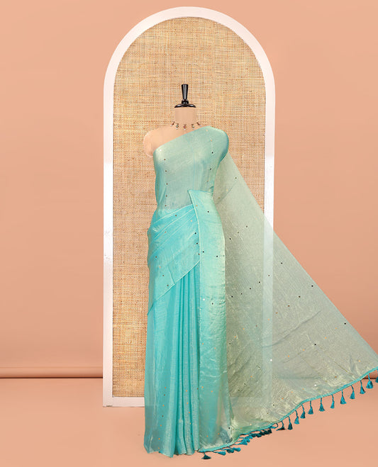 Borderless Sea Green Fendy Chiffon Saree, Gleamed Up with Sequin Work on Its Body, Highlighted by a Self-Pallu of Sequin Work, and Paired with a Matching Blouse