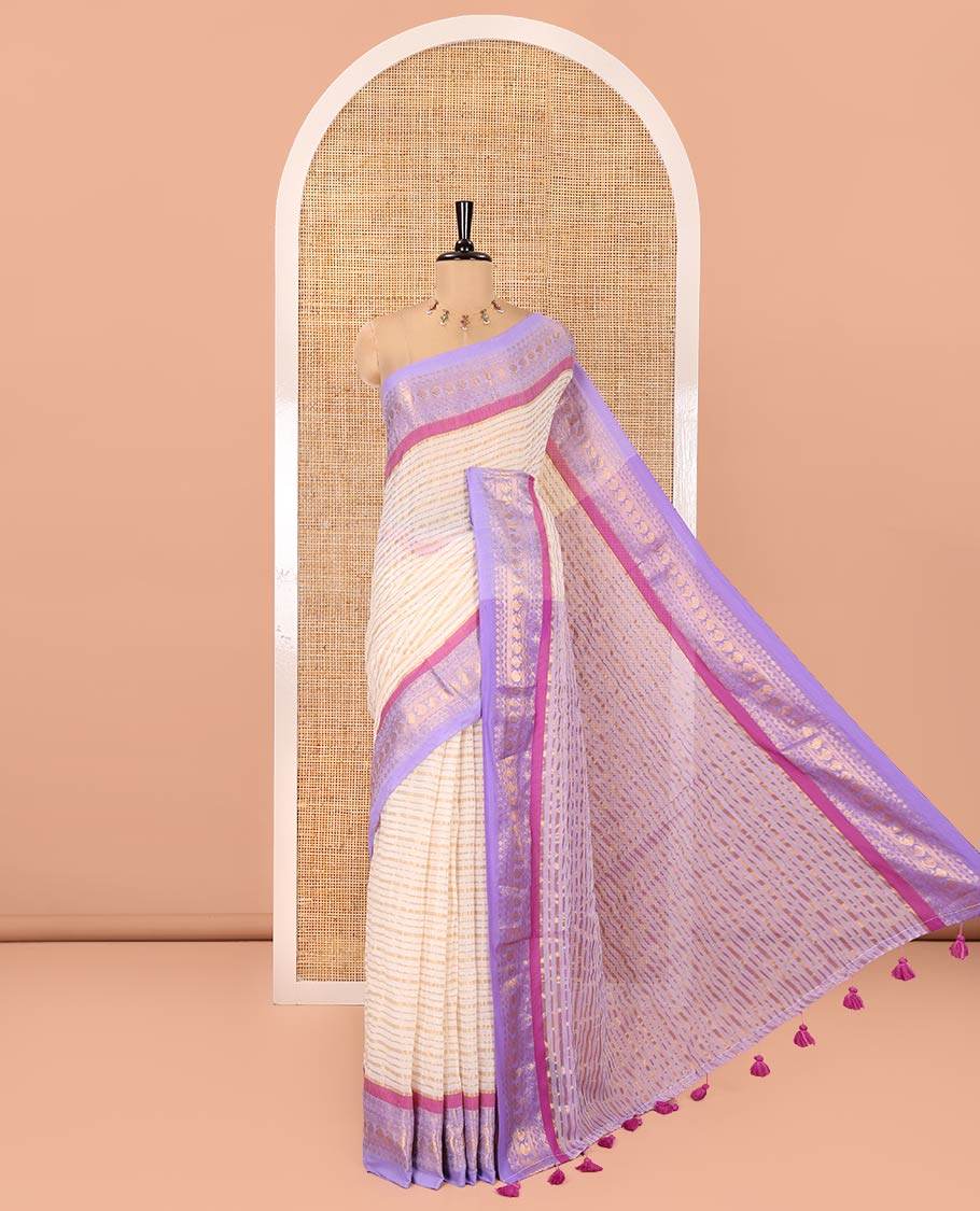 Cream Khadi Mul Cotton Saree, Adorned with Horizontal Stripes on Its Body, Complemented by a Contrast Traditional Zari Design Border, Zari Striped Pallu, and Paired with a Matching Blouse