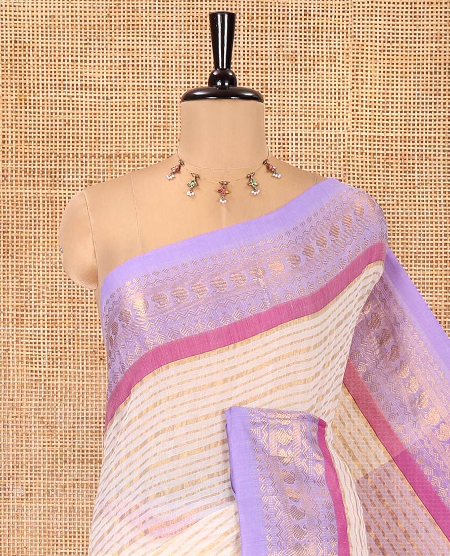 Cream Khadi Mul Cotton Saree, Adorned with Horizontal Stripes on Its Body, Complemented by a Contrast Traditional Zari Design Border, Zari Striped Pallu, and Paired with a Matching Blouse