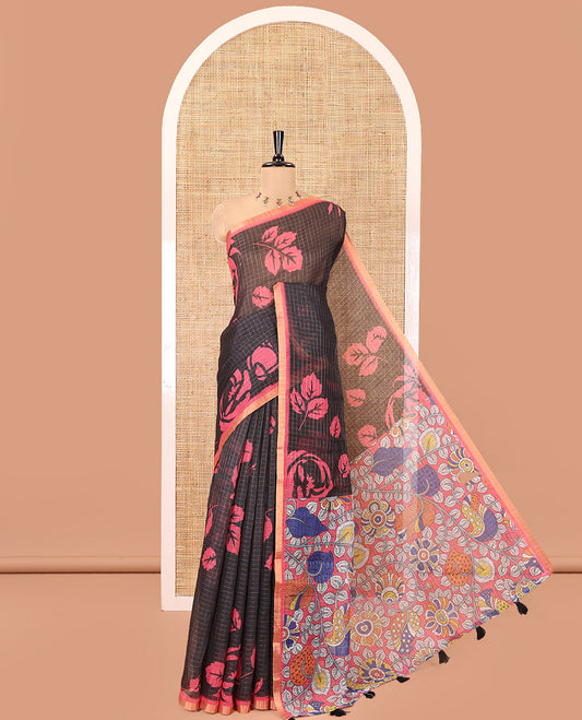 Black and Rani Pink Linen Cotton Saree, Elevated with Floral Motifs and Checked Design on Its Body, Complemented by a Contrast Border, Pallu of Kalamkari Floral and Peacock Design, and Paired with a Contrast Blouse
