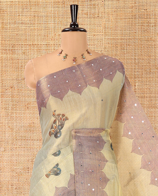 Blue Tissue Saree, Decorated with Floral Buttas and Mirrorwork, a Self-Border, Ogee Print Pallu, and a Matching Blouse