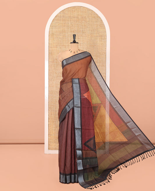 Coffee Brown and Rust Linen Cotton Saree, Accentuated with Geometric Print on Its Body, Complemented by Contrast Zari Border, Geometric Printed Pallu, and Paired with a Contrast Blouse