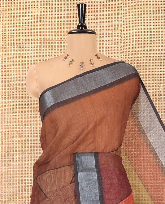 Coffee Brown and Rust Linen Cotton Saree, Accentuated with Geometric Print on Its Body, Complemented by Contrast Zari Border, Geometric Printed Pallu, and Paired with a Contrast Blouse