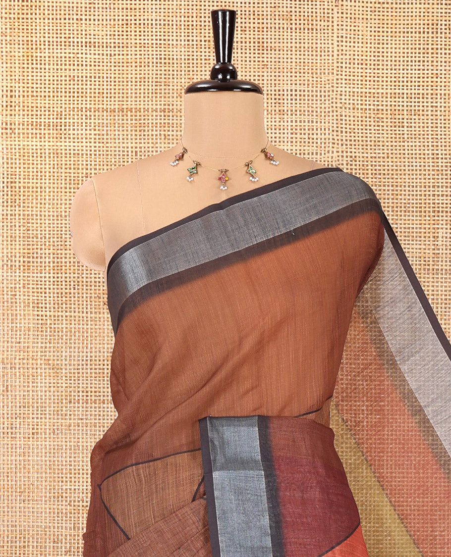 Coffee Brown and Rust Linen Cotton Saree, Accentuated with Geometric Print on Its Body, Complemented by Contrast Zari Border, Geometric Printed Pallu, and Paired with a Contrast Blouse