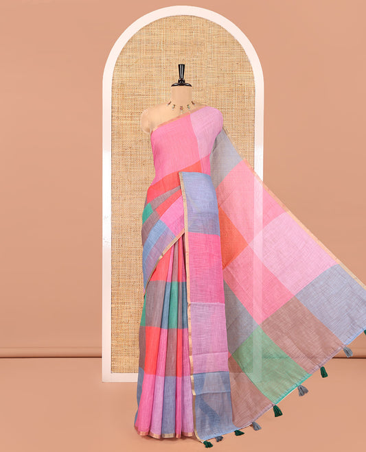 Borderless Pink Linen Cotton Saree, Macro-Checked Design on Its Body, a Self-Pallu, and Contrast-Printed Blouse
