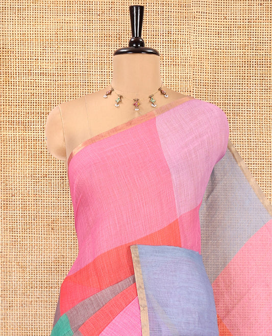 Borderless Pink Linen Cotton Saree, Macro-Checked Design on Its Body, a Self-Pallu, and Contrast-Printed Blouse
