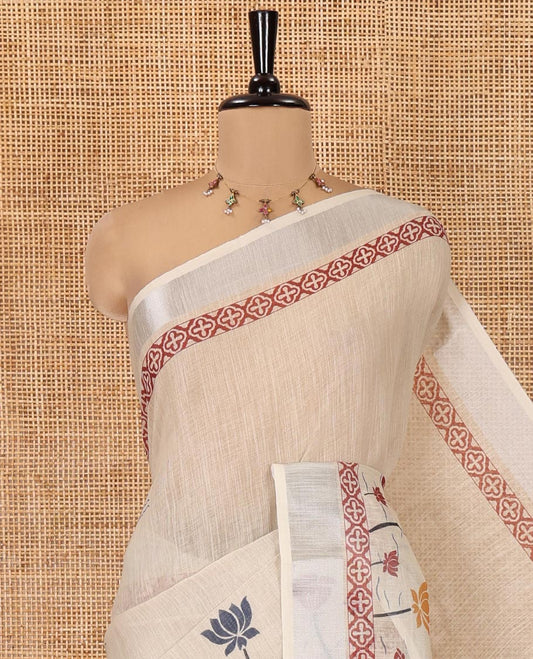 Cream Linen Cotton Saree, Beautified with Pichwai Lotus Motifs Printed All Over Its Body, Highlighted by a Zari Border of Pichwai Lotus Print, Pallu Pictures Paintings, and Paired with a Contrast Blouse
