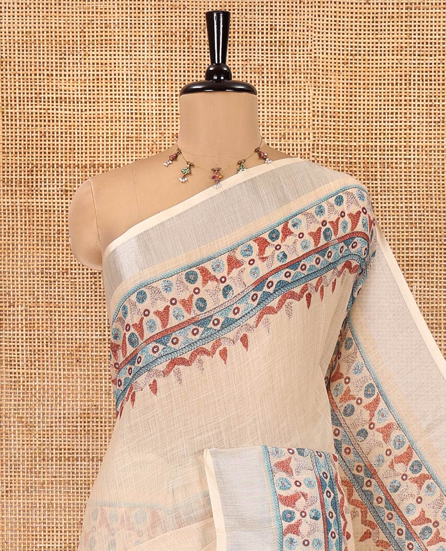 Sandal Plain Linen Saree, Adorned with Geometric Patterns Woven in Woolen on Its Body, Highlighted by Zari Bavanji Border, Pallu Mirrors the Same Patterns, and Paired with a Matching Blouse
