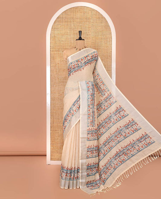 Sandal Plain Linen Saree, Adorned with Geometric Patterns Woven in Woolen on Its Body, Highlighted by Zari Bavanji Border, Pallu Mirrors the Same Patterns, and Paired with a Matching Blouse