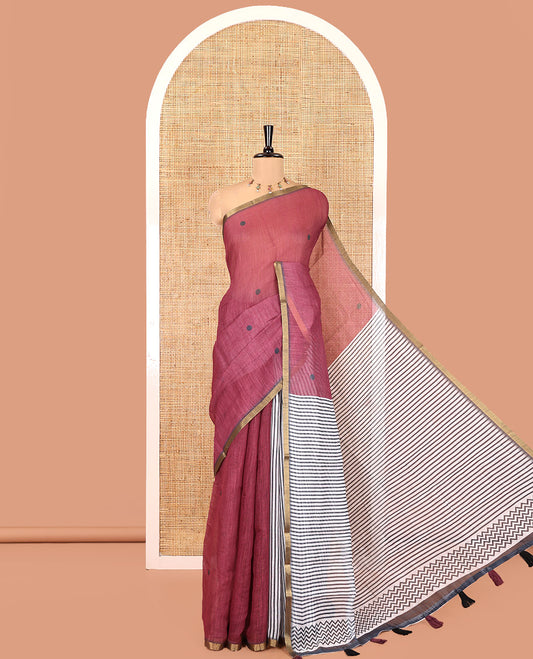 Wine Linen Cotton Saree, Adorned with Half-And-Half-Style Polka Dots, a Subtle Piping Border, Contrast Vertically Striped Pallu, and a Contrast Blouse