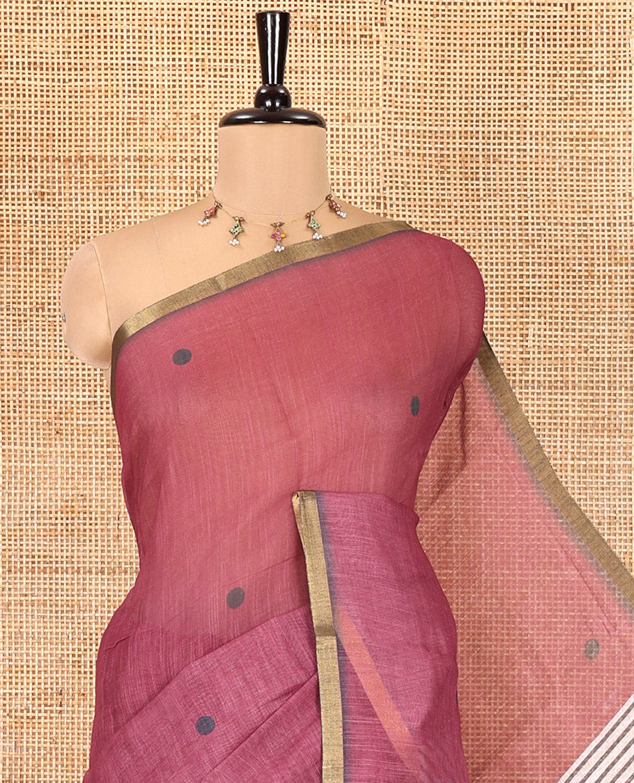 Wine Linen Cotton Saree, Adorned with Half-And-Half-Style Polka Dots, a Subtle Piping Border, Contrast Vertically Striped Pallu, and a Contrast Blouse