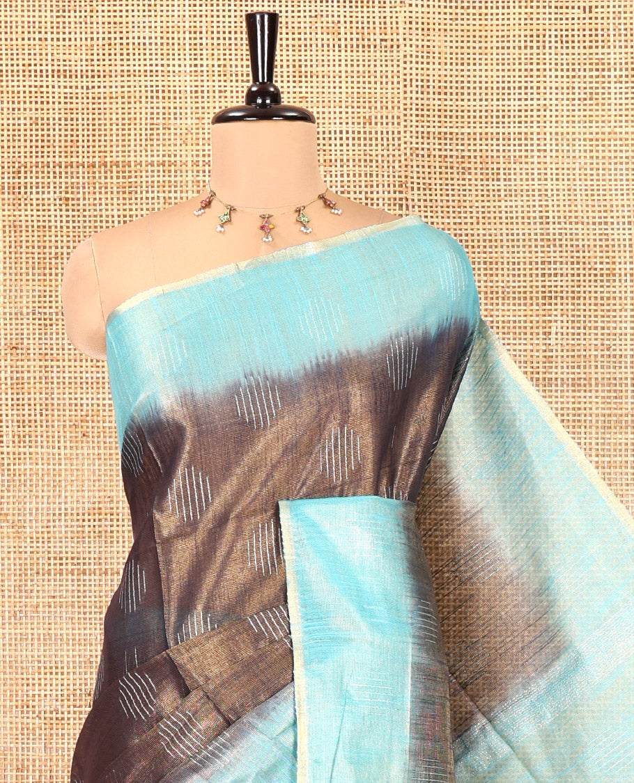 Navy Blue Bhagalpur Cotton Saree, Adorned with Buttas, Complemented by a Contrast Border, Pallu, and a Contrast Blouse