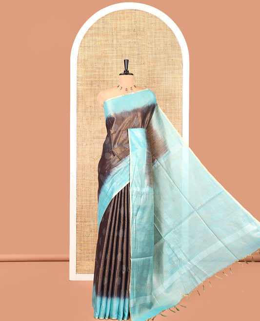 Navy Blue Bhagalpur Cotton Saree, Adorned with Buttas, Complemented by a Contrast Border, Pallu, and a Contrast Blouse