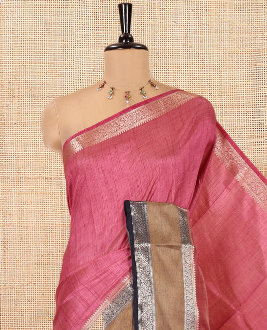 Purple Plain Art Tussar Saree, Complemented by Contrast Rettai Pettu Border, Striped Pallu, and a Contrast Blouse