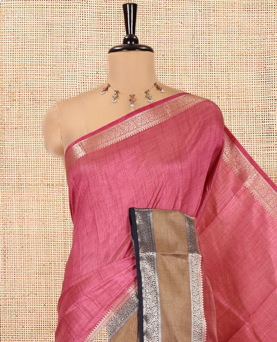 Purple Plain Art Tussar Saree, Complemented by Contrast Rettai Pettu Border, Striped Pallu, and a Contrast Blouse