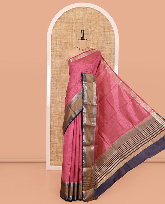 Purple Plain Art Tussar Saree, Complemented by Contrast Rettai Pettu Border, Striped Pallu, and a Contrast Blouse