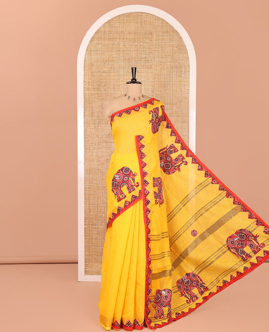 Yellow Khadi Linen Saree, Artfully Crafted with Elephant Appliqué Work, Contrast Temple Appliqué Border and a Plain Blouse