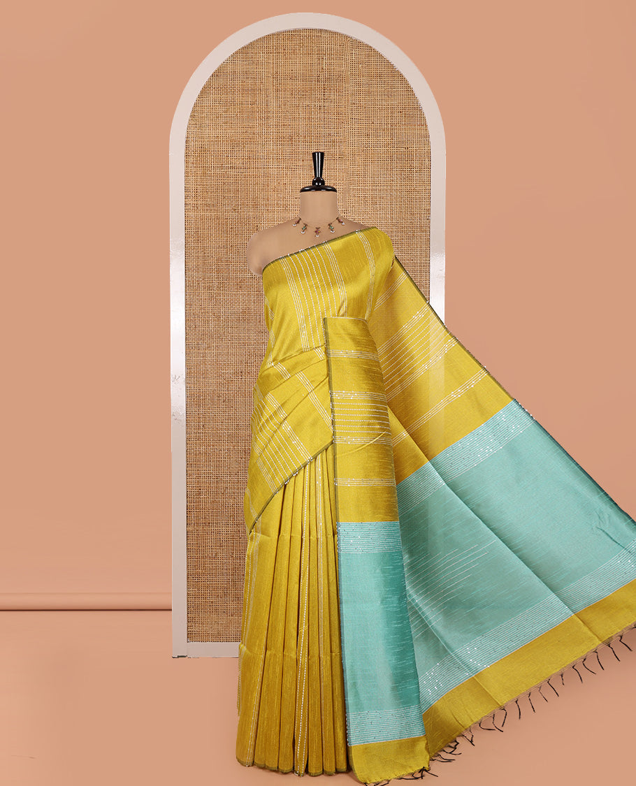 Borderless Yellow-Rama Semi-Raw Silk Saree, Decorated with Sequined Stripes, a Contrast Zari Striped Pallu, and Contrast Blouse