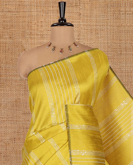 Borderless Yellow-Rama Semi-Raw Silk Saree, Decorated with Sequined Stripes, a Contrast Zari Striped Pallu, and Contrast Blouse