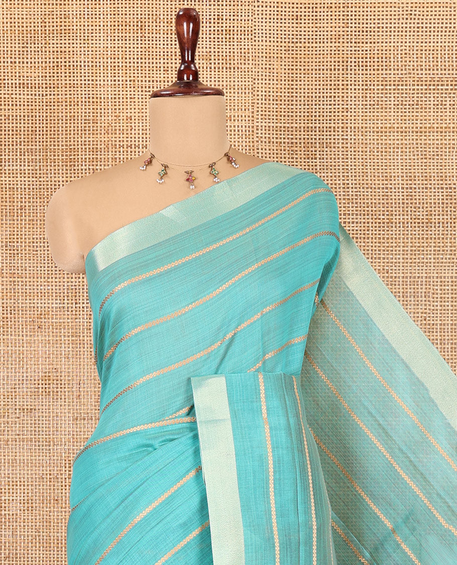 Rama Blue Semi-Silk Cotton Saree, Elevated with Veldhari Stripes, Gold Zari Border, Contrast Striped Pallu and a Contrast Blouse