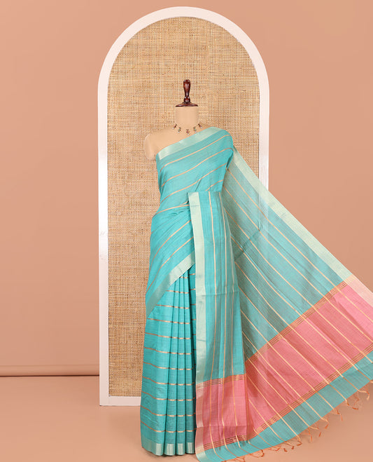 Rama Blue Semi-Silk Cotton Saree, Elevated with Veldhari Stripes, Gold Zari Border, Contrast Striped Pallu and a Contrast Blouse