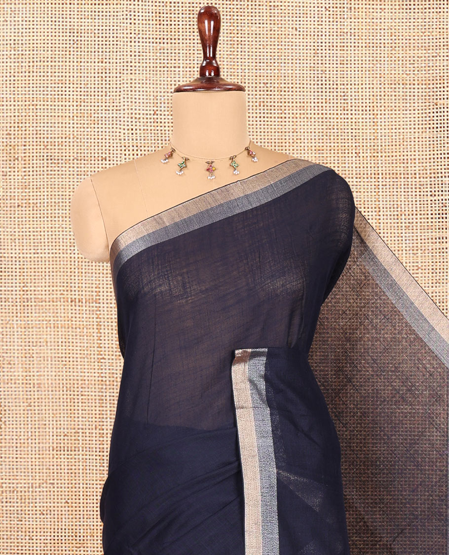 Navy Blue Plain Linen Cotton Saree, a Subtle Zari Border, a Self-Pallu, and Matching Blouse
