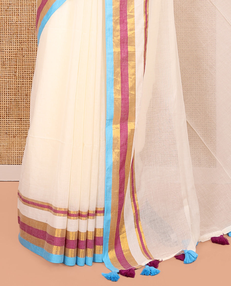 Cream Khadi Mul Cotton Saree, Complemented by a Contrast Multi-Colored Zari Striped Border, and a Matching Blouse