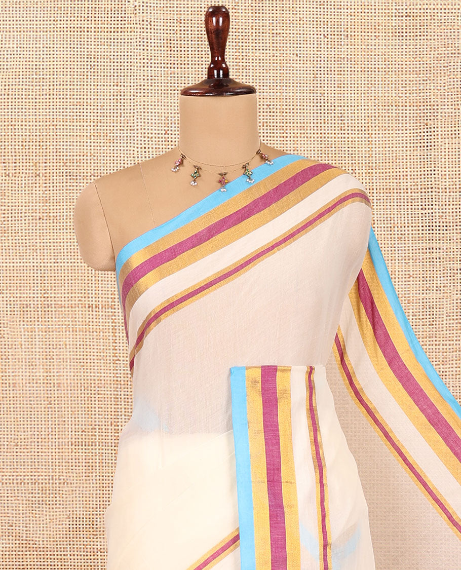 Cream Khadi Mul Cotton Saree, Complemented by a Contrast Multi-Colored Zari Striped Border, and a Matching Blouse