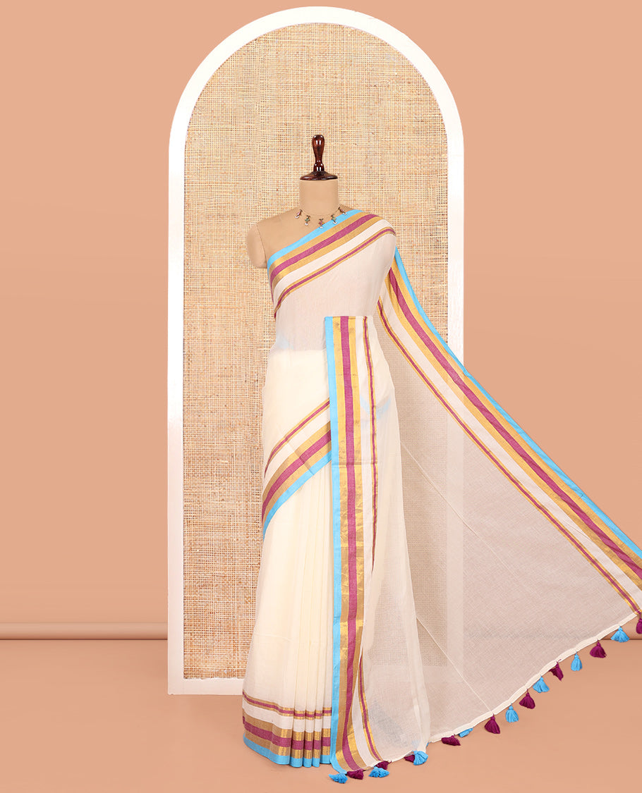 Cream Khadi Mul Cotton Saree, Complemented by a Contrast Multi-Colored Zari Striped Border, and a Matching Blouse