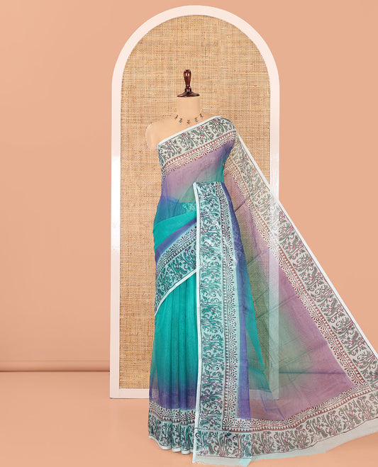 Rama Plain Ombre-Styled Kota Doria Saree, a Contrast Floral Printed Border, and a Contrast Printed Blouse