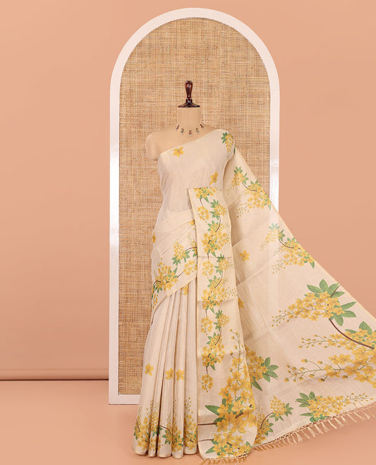 Borderless Gold Tissue Saree, Adorned with Floral Print, Floral Printed Pallu, and a Matching Blouse