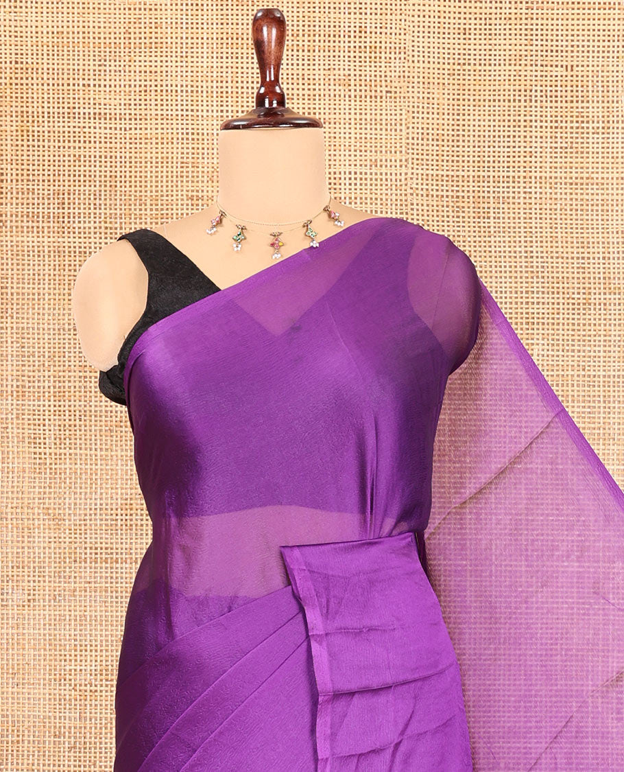 Borderless Violet Plain Crushed Rangoli Chiffon Saree, Comes with a Matching Designer Blouse