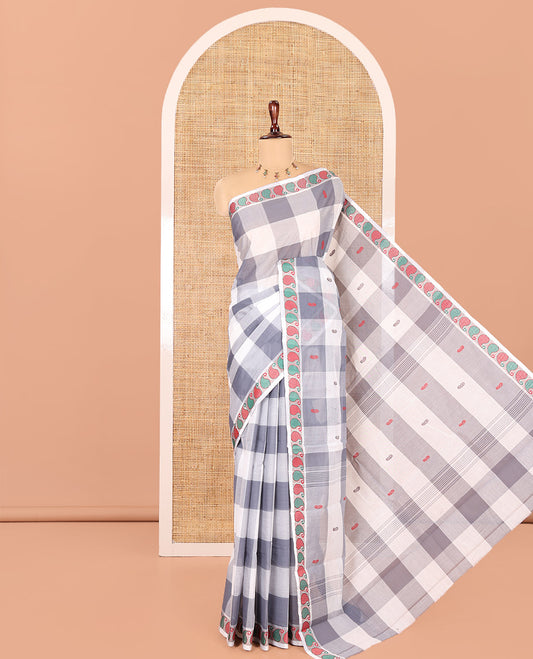 White-Grey Checked Chettinad Cotton Saree, Adorned with Buttas, Thread-Woven Border, a Self-Pallu, and No Blouse