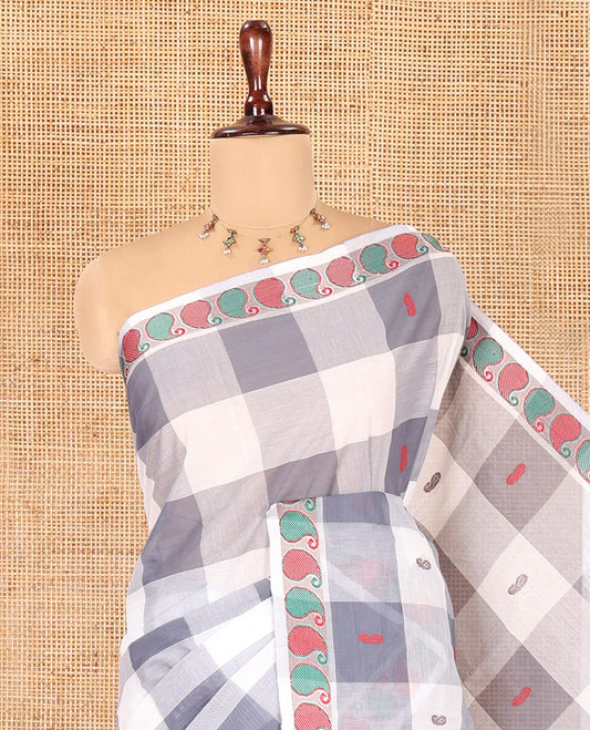 White-Grey Checked Chettinad Cotton Saree, Adorned with Buttas, Thread-Woven Border, a Self-Pallu, and No Blouse